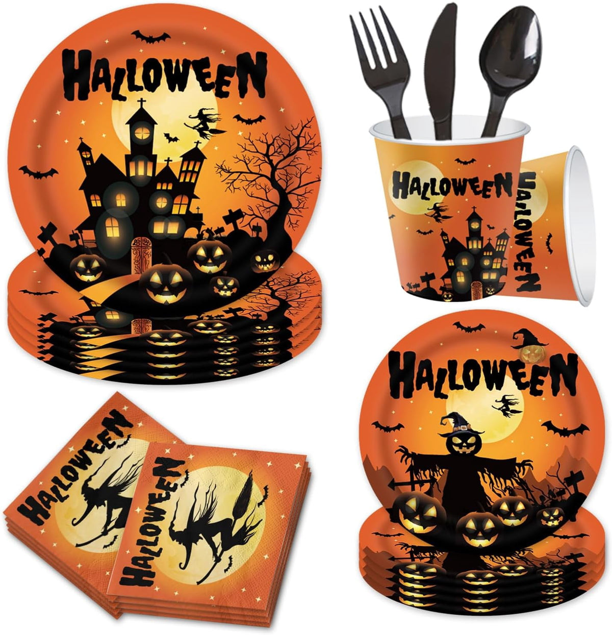 Halloween Party Supplies Decoration Tableware Set,114 Pcs Includes Plates, Napkin,Cup,Straw, Banners, Tablecloth.Halloween Disposable Dinnerware for Halloween Party Decorations,Serve 16