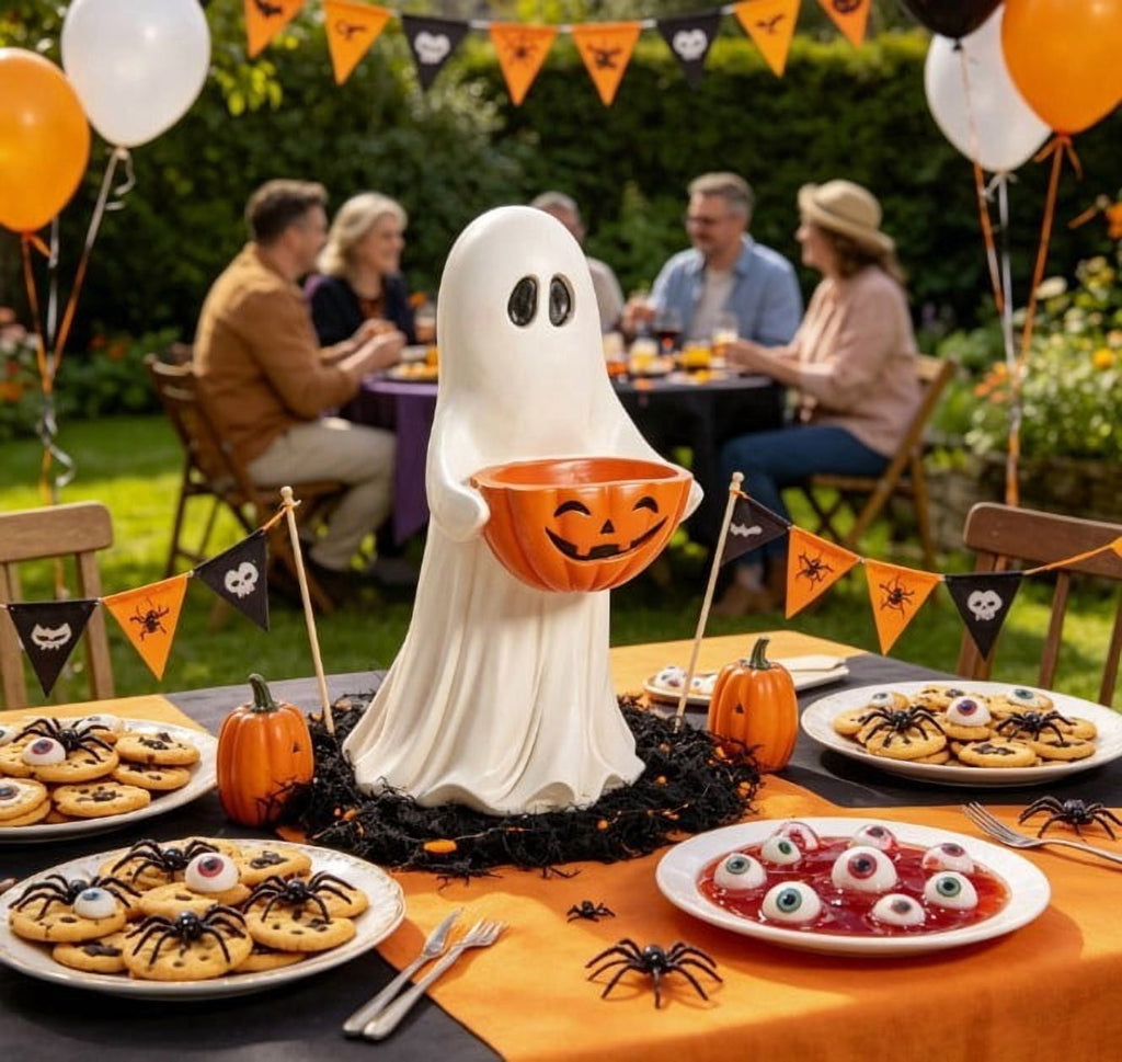 Outdoor Safe Halloween Ghost Figurine With Pumpkin Candy Bowl, Front Porch and Yard Statue, Indoor Outdoor Decorative Ghost for Treats and Decor