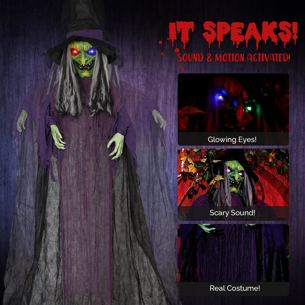 11.8ft Halloween Animatronics Hanging Witch Outdoor Decoration, Sound Animated Talking Witch with Light-up Eyes for Haunted House Prop Décor, Yard Lawn Decorations
