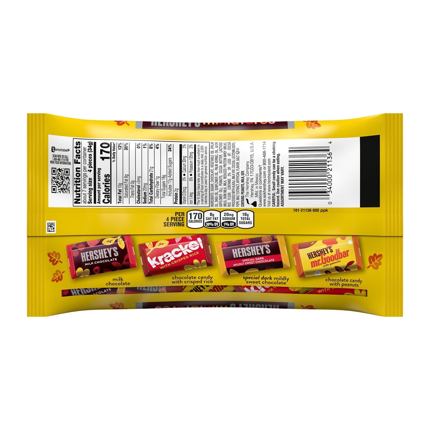 Hershey's Miniatures Assorted Chocolate, Fall Candy Bag, 8.9 oz