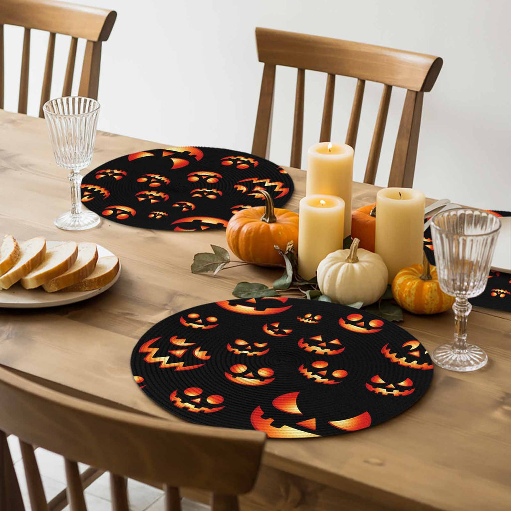 Halloween Round Placemats Set of 4 Spooky Jack-O-Lanterns Place Mats Washable Woven Placemat Orange Black Scary Pumpkin Grimace Circle Braided Table Mat for Kitchen Dining Table Party Decor 15 Inch