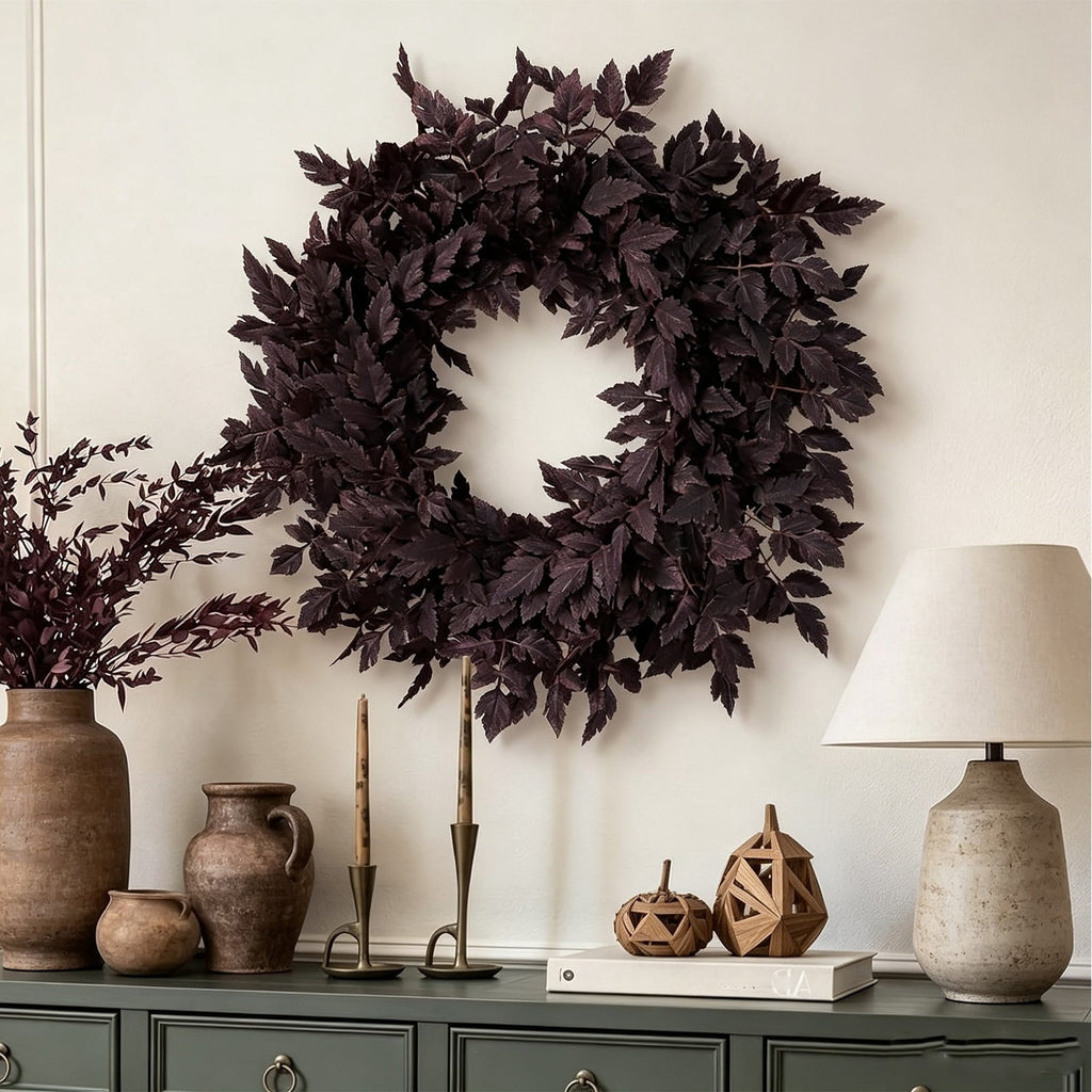 23.6" Dark Purple Artificial Cimicifuga Leaf Wreath, Fall Burgundy Foliage Front Door Wreath, Minimalist Halloween Autumn Wreath for Wall Porch Home Farmhouse Decor