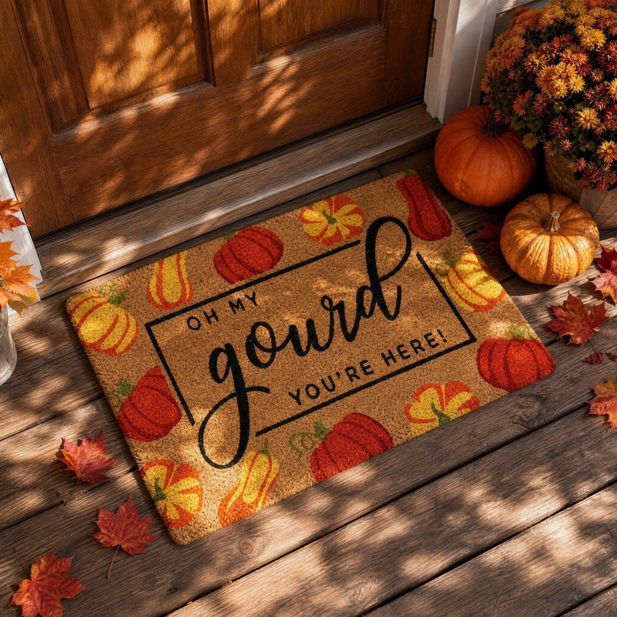 Fall Pumpkin Coir Doormat, Oh My Gourd Anti-Slip Front Door Mat Vintage Harvest Thanksgiving Halloween Entryway Floor Rug