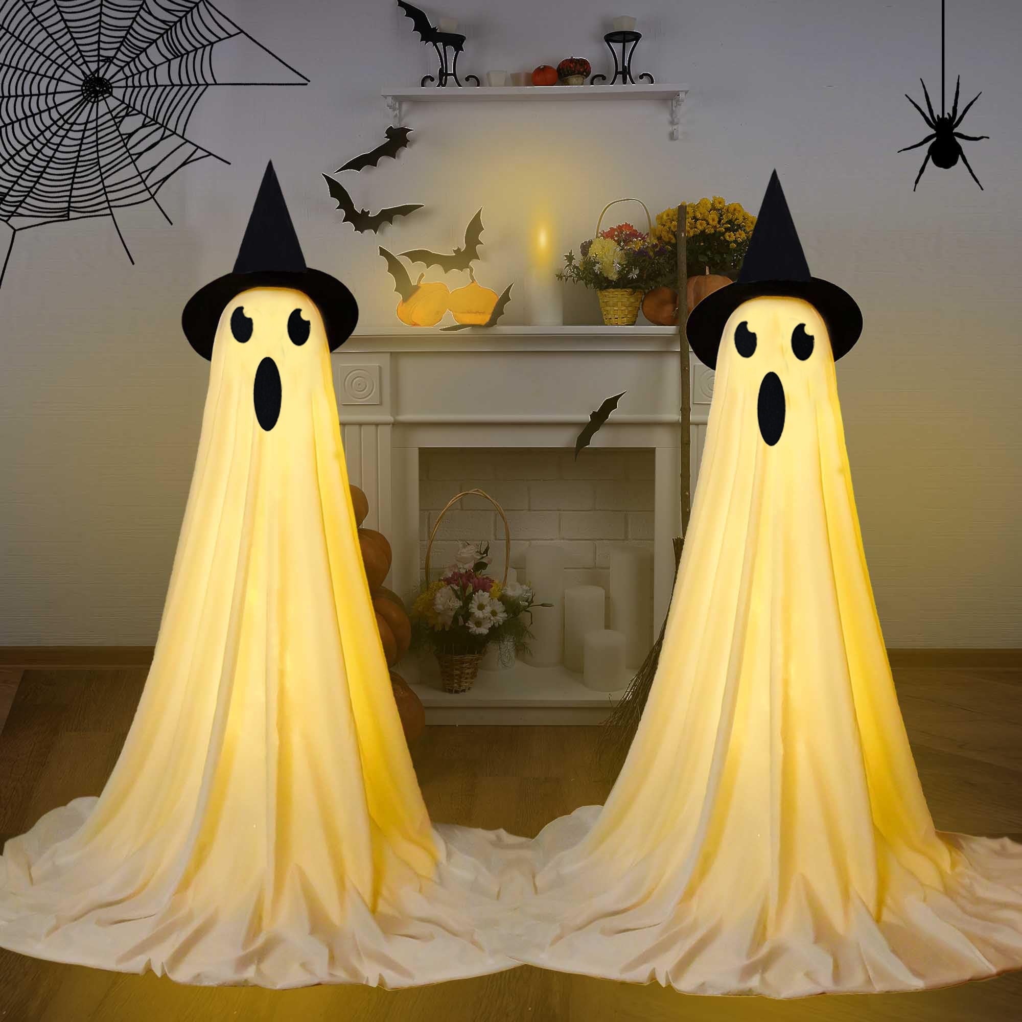2Pcs Halloween Decorations Outdoor Ghost, DIY Ghost Kit Decor with Witch Hat Remote Control String Lights Halloween Decorations Indoor Halloween Ghost Lights for Porches Yards Gardens Lawn