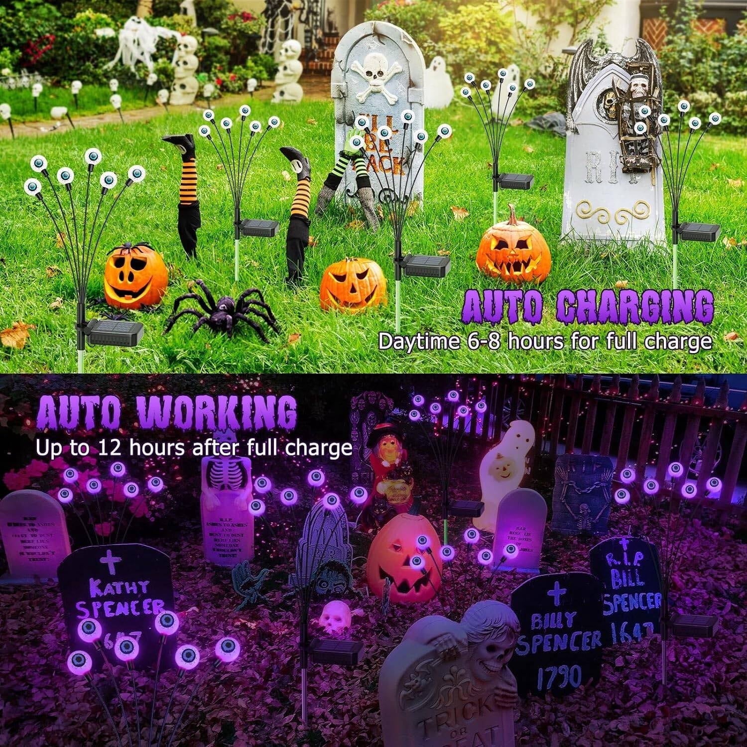 Morfone Halloween Decorations Outdoor, 2 Pack 12 LEDs Solar Scary Eyeball Lights, Waterproof Eyeball Swaying Firefly Lights, Halloween Path Lights for Garden Yard Party, Green