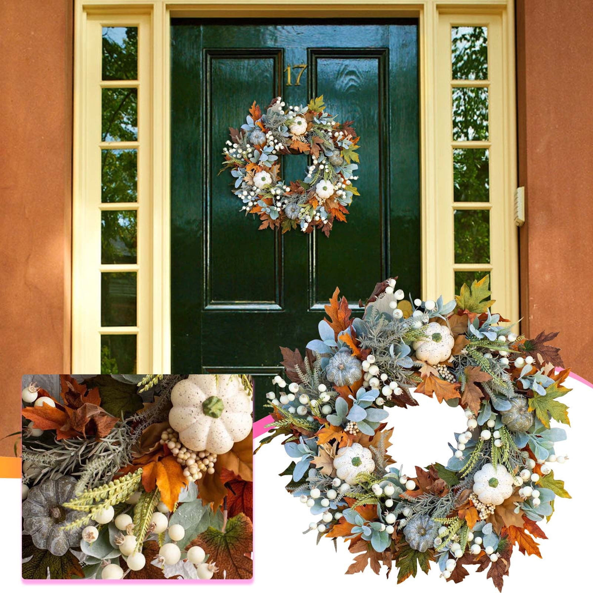 Btomtd Diameter 8" Pumpkin Skull Wreath Halloween Decor Acrylic Round Disk Hanging Ornament with Garland for Front Door Window, B