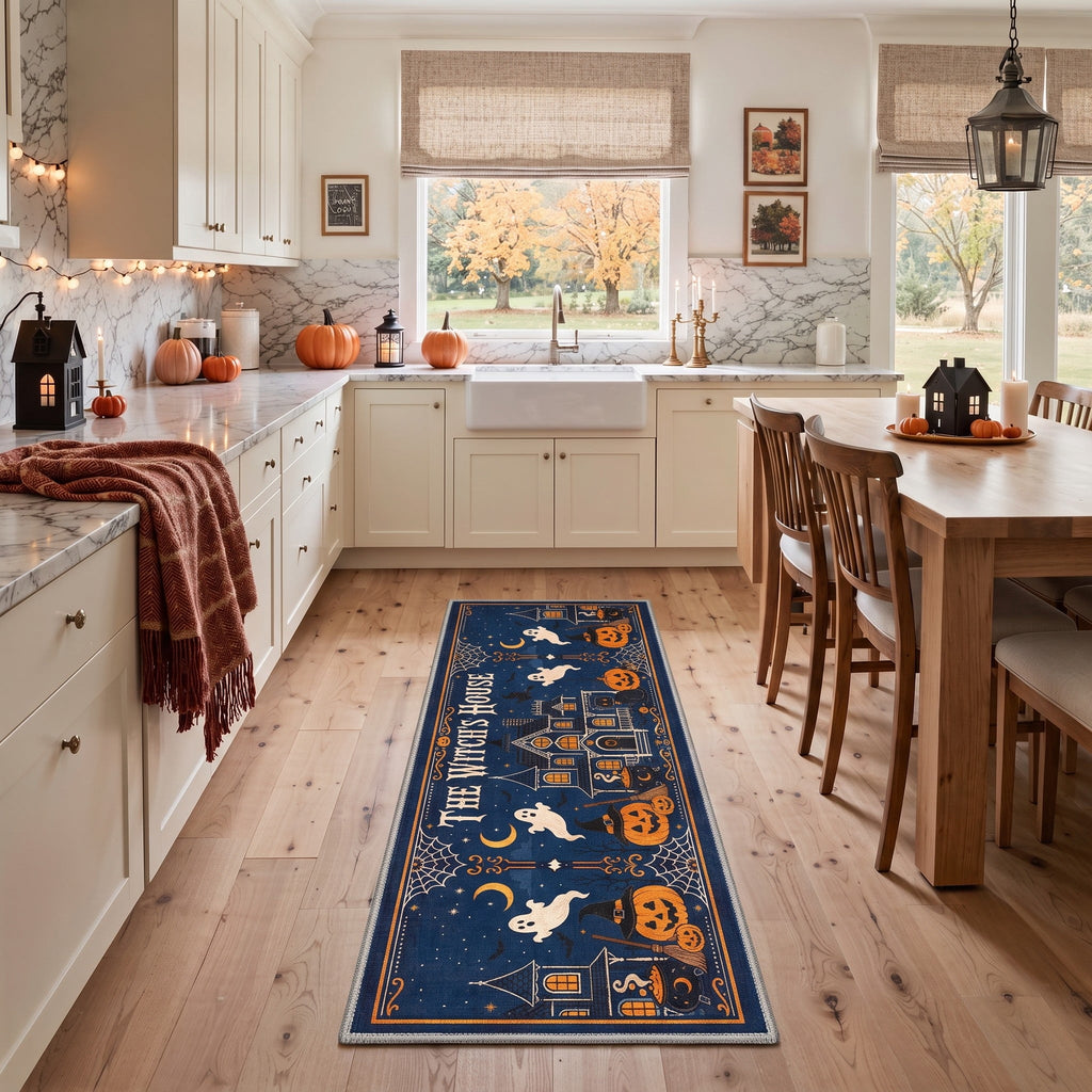 GENIMO 2'x7' Halloween Runner Rug, Washable Non Slip Soft Whimsical Skeleton Indoor Outdoor Hallway Runner for Porch Patio Kitchen Entryway, Charcoal Black