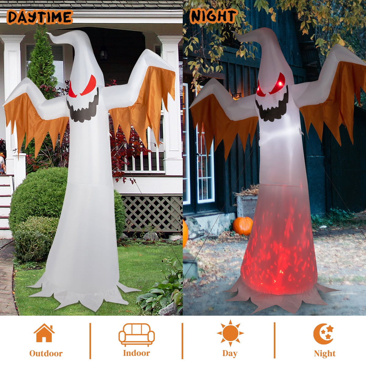 Ktaxon 12' Halloween Inflatables Outdoor Halloween Ghost Decoration with 4 LED Lights Blow up Ghost Flashing Flame
