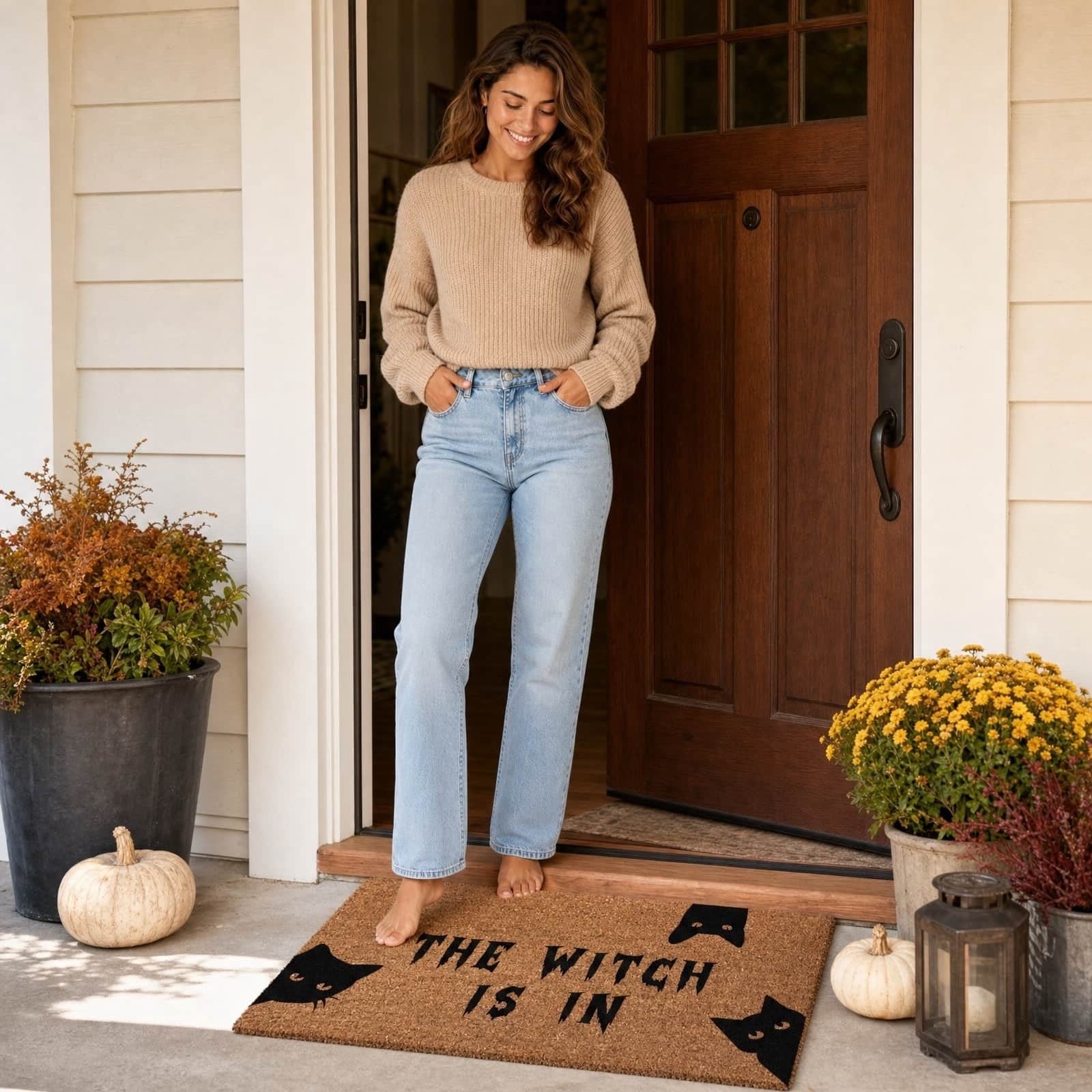 Halloween Black Cat Doormat Outdoor 23x15 Inch, Funny Welcome Mat | Non-Slip PVC Backing, No-bleed Stays Vibrant in Covered Outdoor Areas