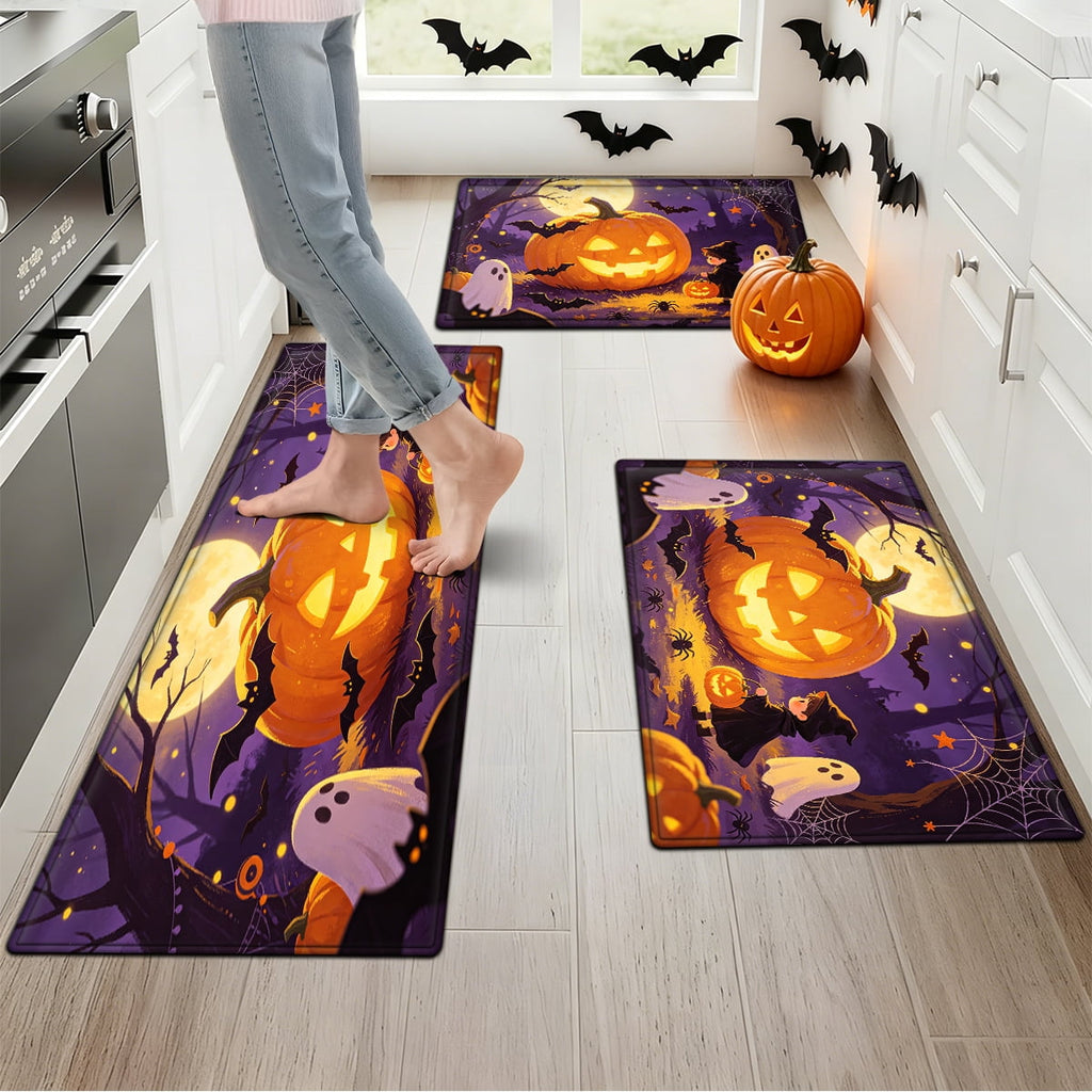 YIMEIS Halloween Pumpkin Lantern 3Pcs Flannel Mat & Kitchen Rugs Set,16''×24'' 20''×30'' 17''×47'' Inches,Soft Non-slip for Home Bathroom