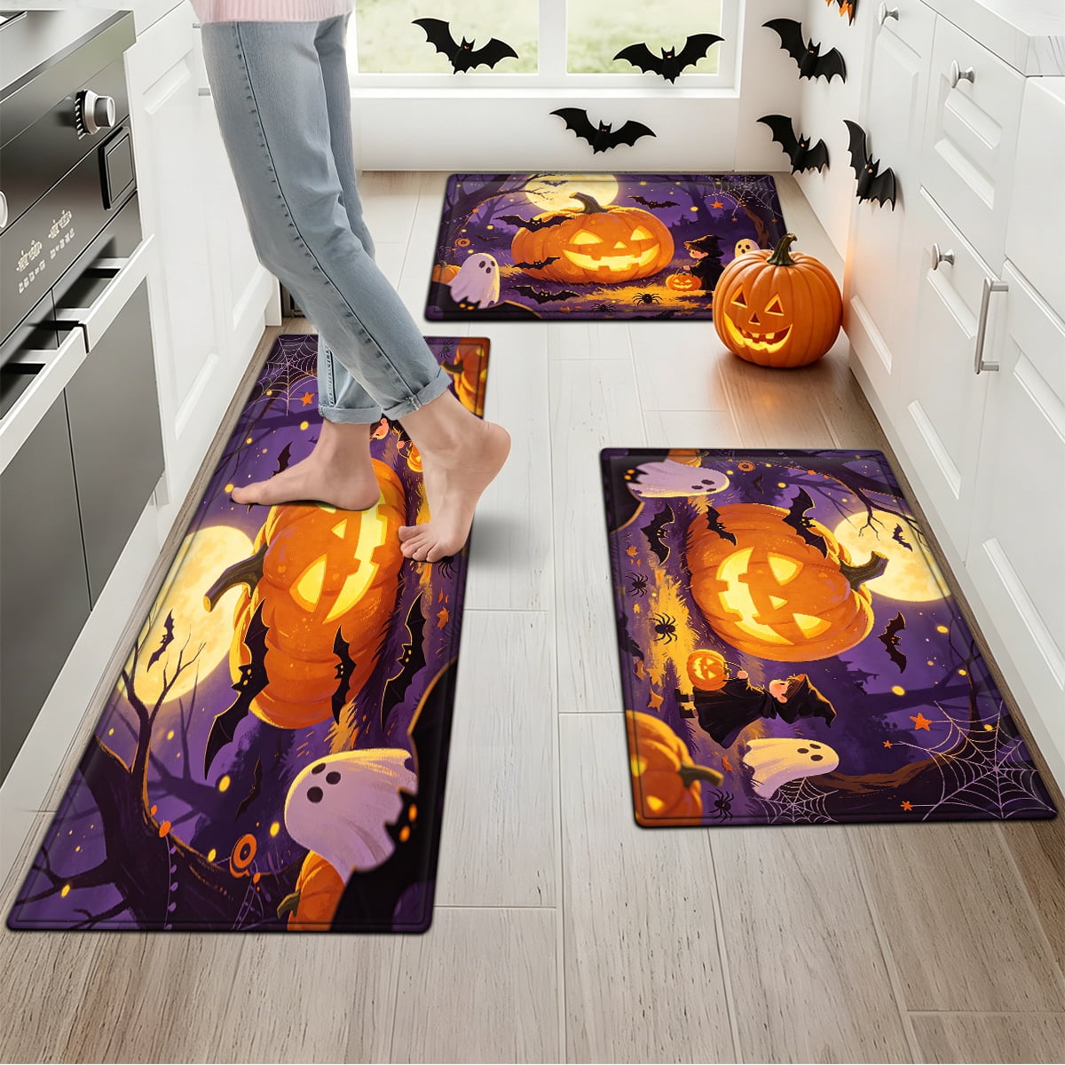 YIMEIS Halloween Pumpkin Lantern 3Pcs Flannel Mat & Kitchen Rugs Set,16''×24'' 20''×30'' 17''×47'' Inches,Soft Non-slip for Home Bathroom