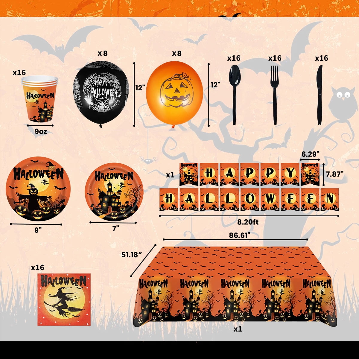 Halloween Paper Plates for Halloween Party Decoration Disposable Cups Napkins Table Cover Balloons Banner for Halloween Birthday Party Supplies Serve 20 Design2