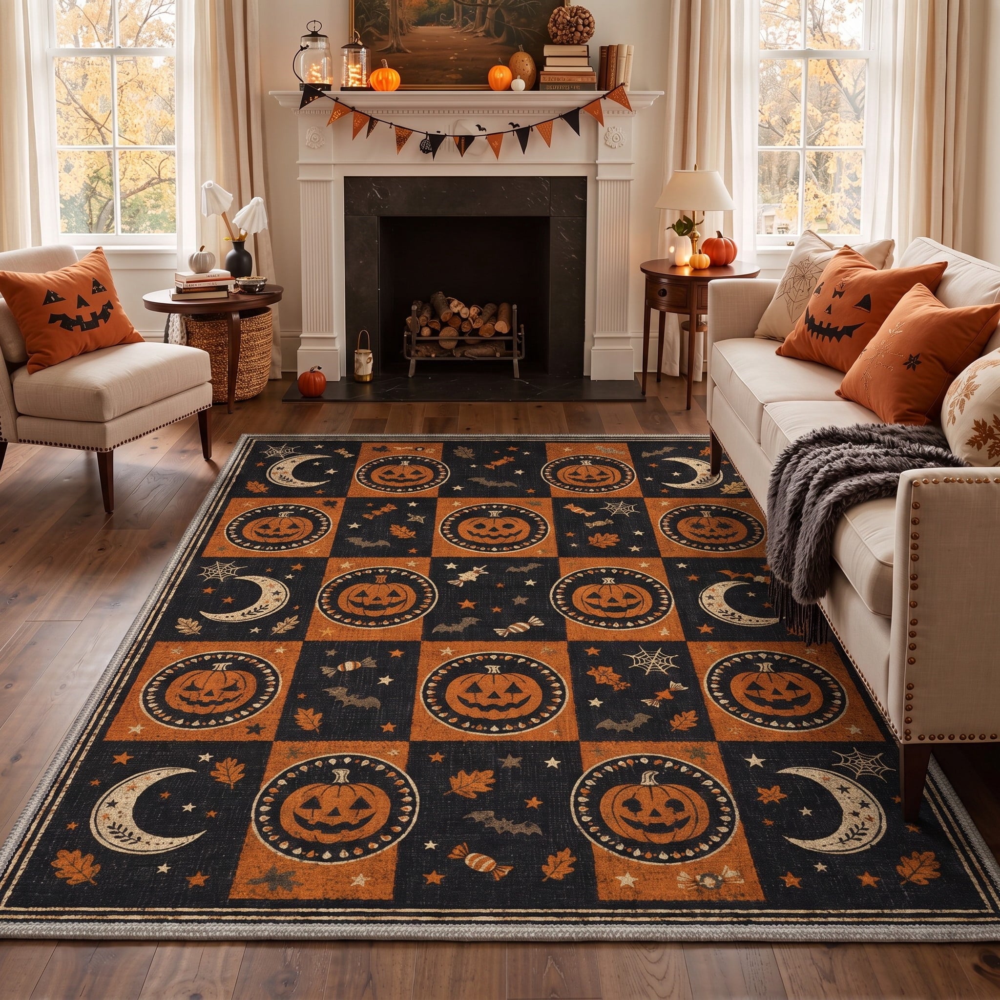 GENIMO 2'x7' Halloween Runner Rug, Washable Non Slip Soft Vintage Witch Indoor Outdoor Hallway Runner for Porch Patio Kitchen Entryway, Vintage Black