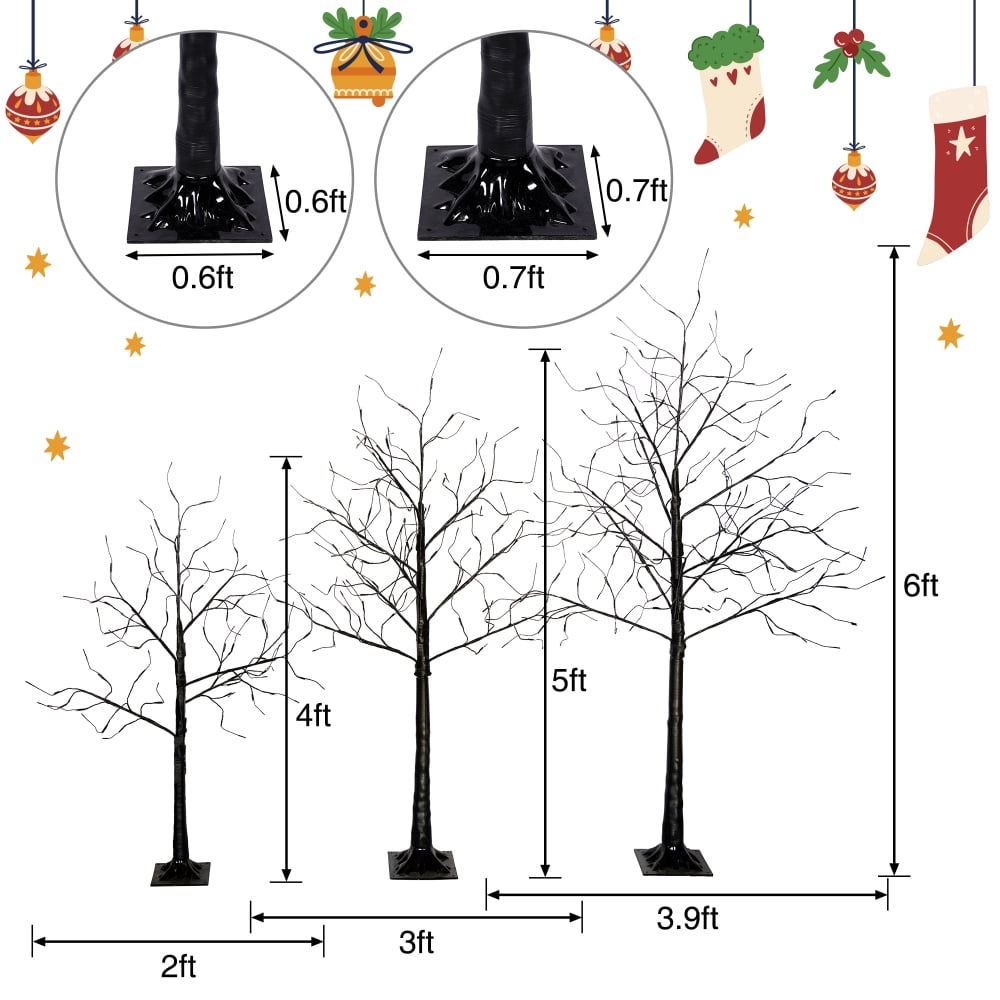 3-Pack Black Adjustable Branches Trees with Purple LED Lights, 4FT 5FT 6FT Pre-Lit Spooky Tree Set for Indoor Halloween Christmas Decor