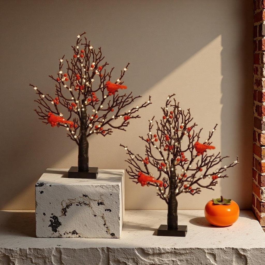 Vintage Glowing Cardinal Tree with Berries, Moving Cardinals Tree with LED Lights, Little Red Bird Trees Light, for Christmas, Halloween Tabletop Indoor Office Decorations