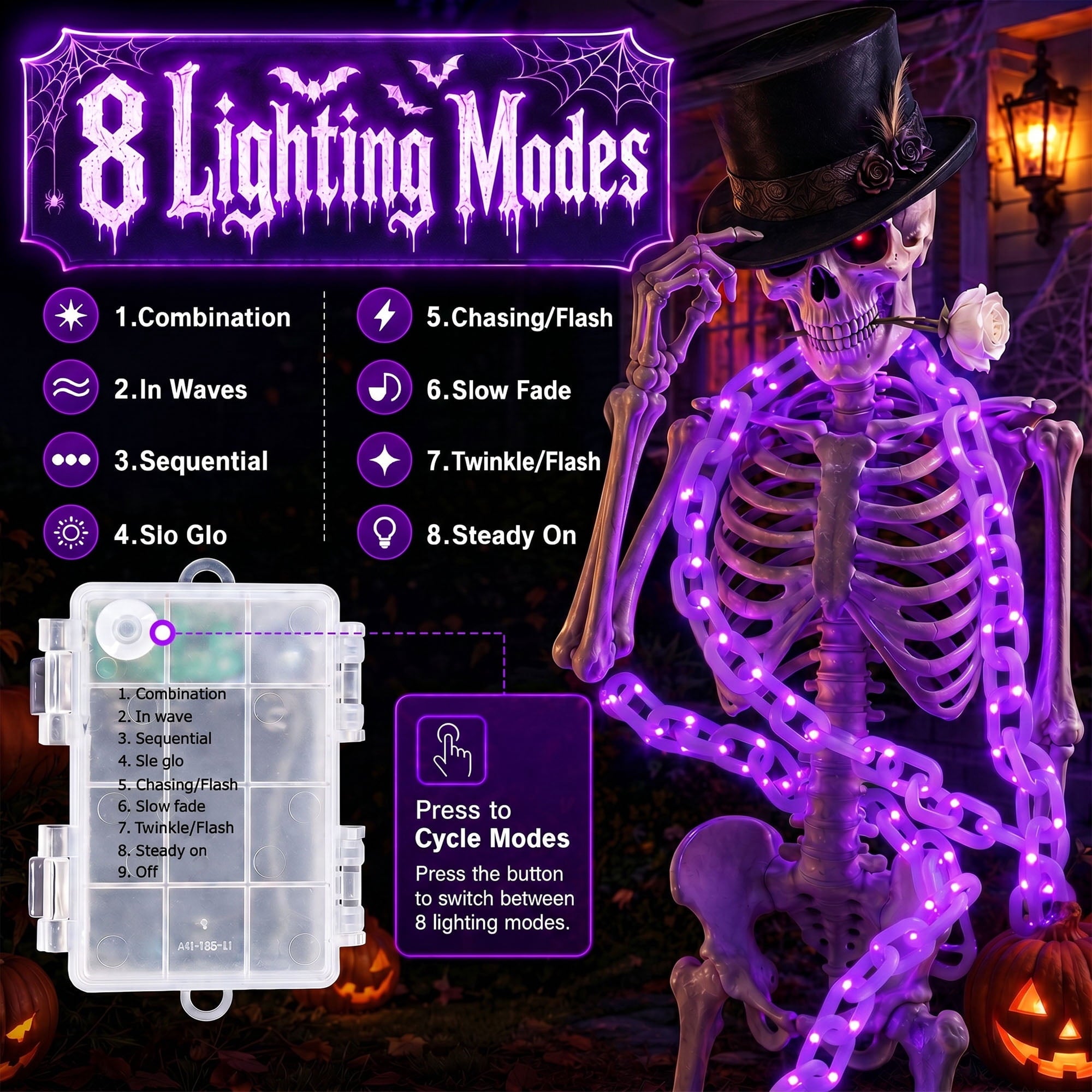 VOLIVO Halloween Chain Lights, 10FT 8 Modes Waterproof Battery Operated Halloween Decorations for Outdoor Party, Cosplay, Spooky (Purple)
