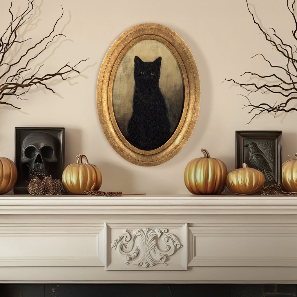My Texas House Halloween Black Cat Oval MDF Canvas Print