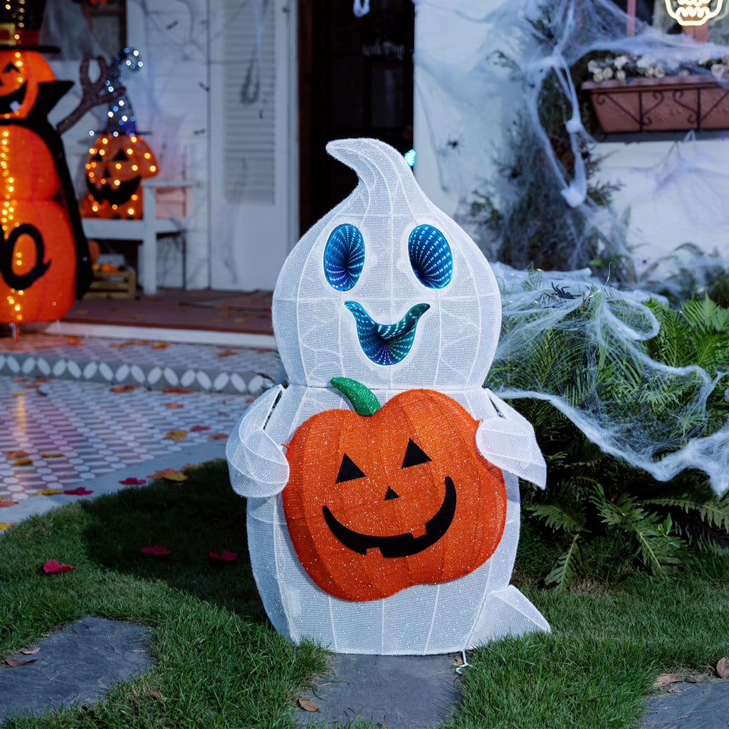 MARACOL Halloween Ghost Decor, 128 LED Pre-Lit Ghost Halloween Decorations with Animated Eyes Cute Light Up Ghost Holding Pumpkin Glowing Ghosts Fall Decor for Outdoor, Indoor, Yard, Porch, Garden