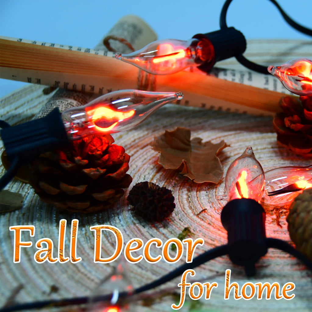 Halloween Lights Flickering Flame String Lights with 12 Pack C7 Orange Flame Light Bulbs (2 Spare), 12.8Ft Orange Flame String Lights for Indoor Outdoor Home Party Yard Halloween Decorations