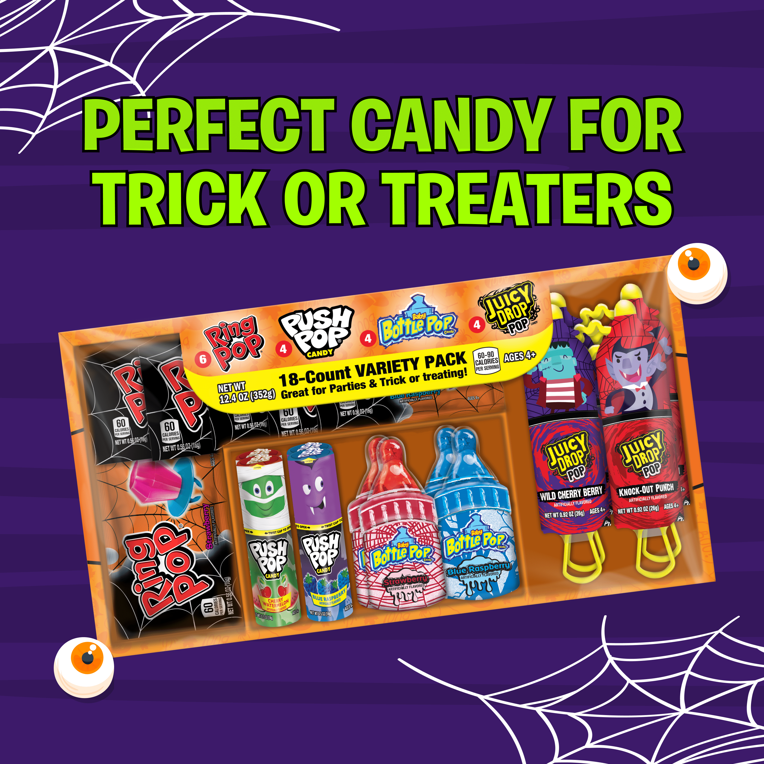 Halloween Ring Pops, Juicy Drop, Baby Bottle, Push, Assorted Flavor Lollipops, Variety Pack, 12.4 oz, 18 Count Box