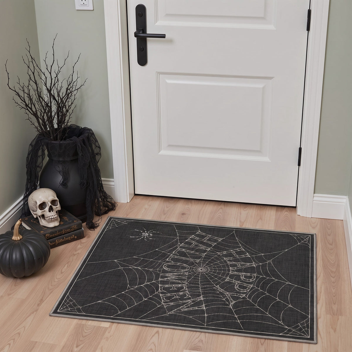 GENIMO 2'x7' Halloween Runner Rug, Washable Non Slip Soft Whimsical Skeleton Indoor Outdoor Hallway Runner for Porch Patio Kitchen Entryway, Charcoal Black