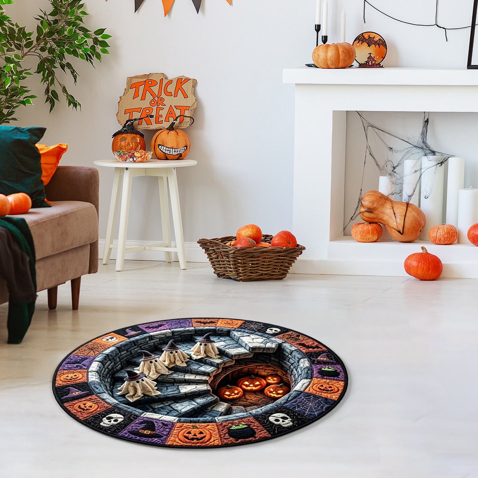 Halloween Round Rug 50cm Optical Illusion, Spooky Ghost Pumpkin Skull Mat, Non-Slip Entryway Bedroom Doormat for Home Party Floor Decor