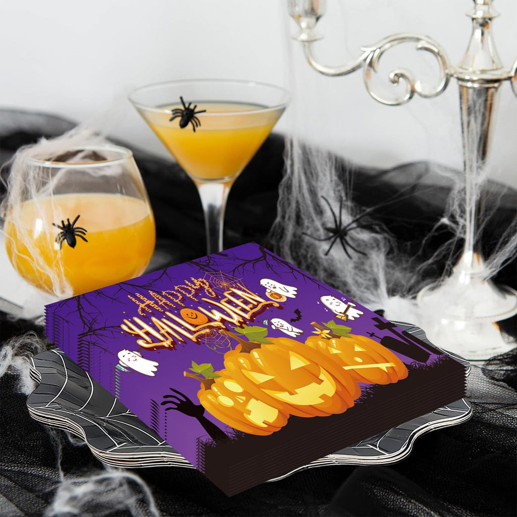 Holloyiver 20 Packs Halloween Napkins, 6.7 x 6.7 Inch Pumpkin Dinner Napkins, Purple Halloween Party Disposable Paper Napkins for Autumn Halloween Party Supplies Table Decorations