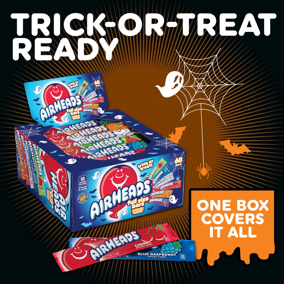 Airheads Halloween Chewy Candy Bars, Assorted, Nut Free, Regular Size, 33oz, 60 Count
