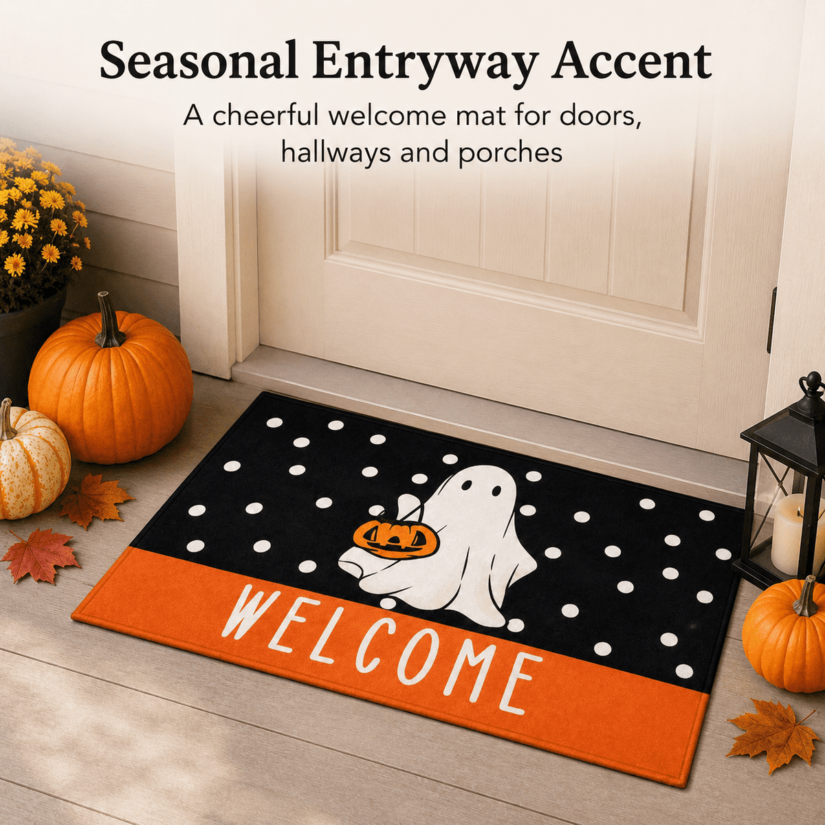 Halloween Ghost Welcome Printed Doormat, Entrance Rug with Skidproof Rubber Backing for Halloween Front Porch Entryway Indoor Outdoor Decor,50x80cm