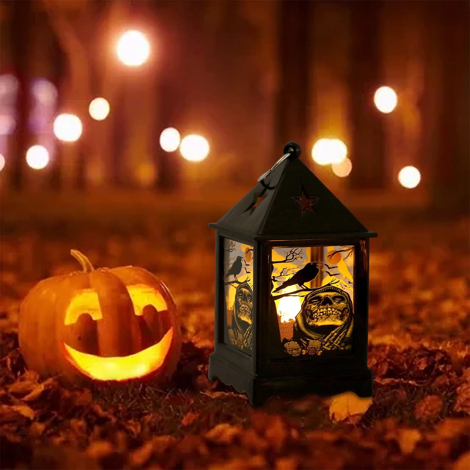Halloween LED Lanterns with Spooky Skeleton, Owl, Bat, Castle & Flame Designs – Battery Operated Hanging Lights for Indoor/Outdoor Halloween Party Decor (C)