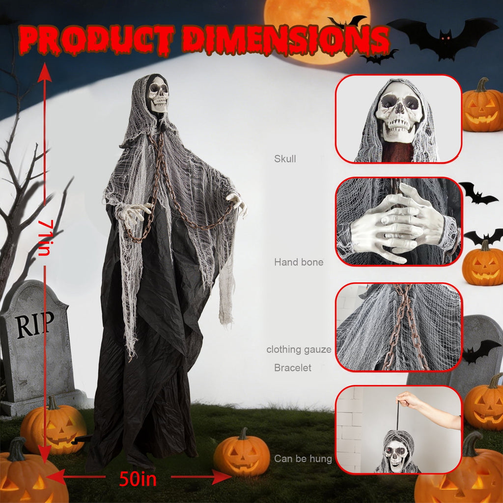 Magotan 6ft Halloween Outdoor Skeleton Ghost Decorations, Sound Controlled Swinging Scary Skeleton Ghost Halloween Decoration for Outdoor Garden Porch Yard Decor,Red
