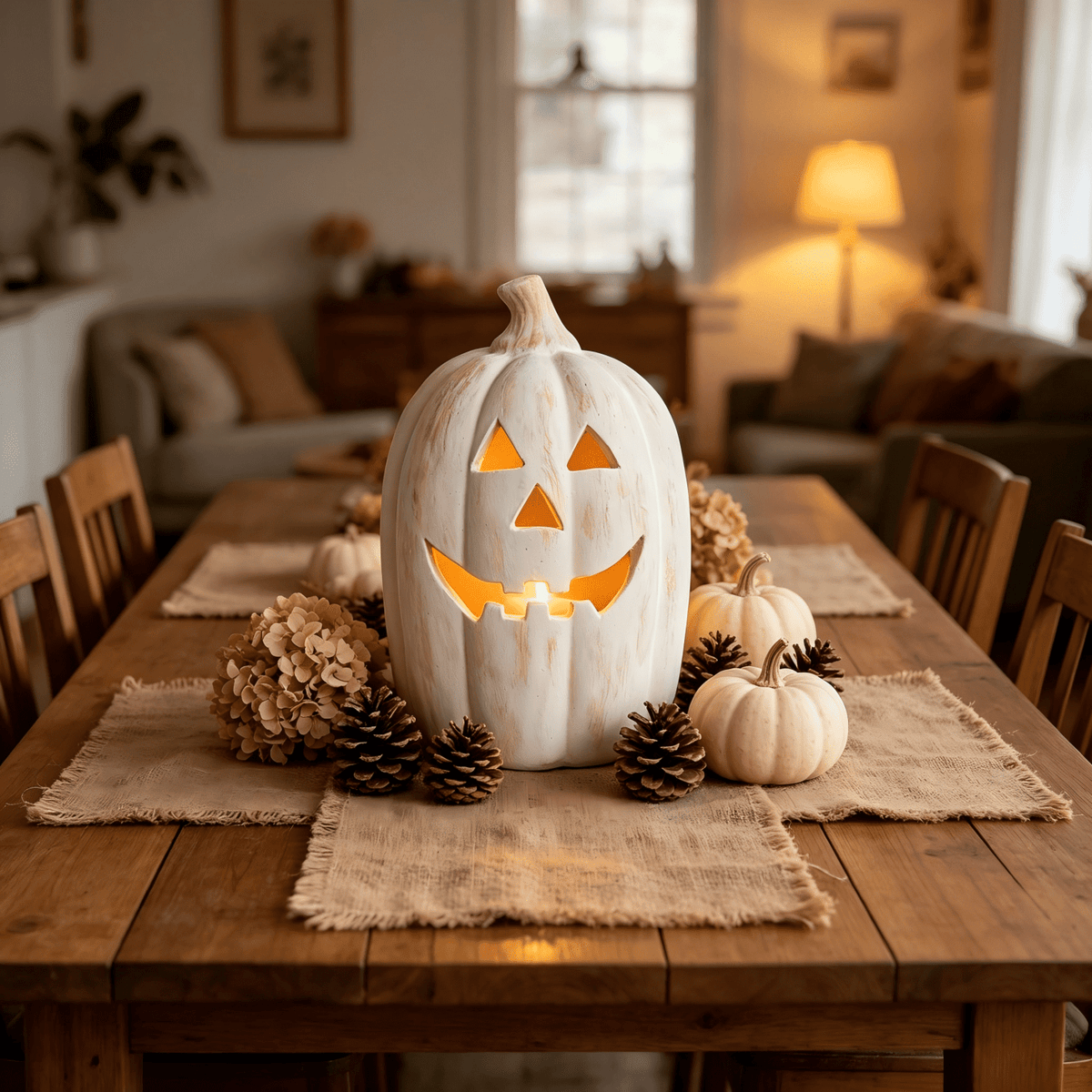 Fall Decorations for Home - Halloween Decor Indoor - 7.87" H White Handmade Resin Pumpkin Jack O' Lantern with Flameless Candle - Outdoor Decoration for Front Door Porch Mantel Kitchen Living Room