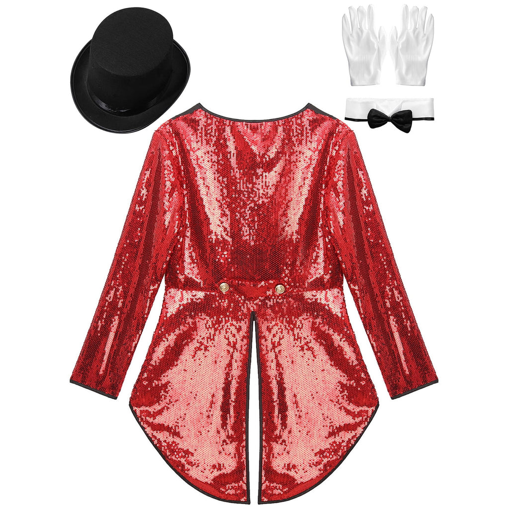 iiniim Women Magician Cosplay Sequin Tailcoat Circus Showman One-Button Tuxedo Jacket Outfits Red M