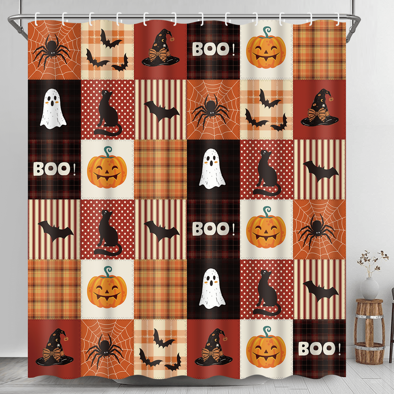 Ikfashoni Fall Shower Curtain with Hooks, Fall Decor for Home, Buffalo Plaid Pumpkin Waterproof Bathroom Curtains, 72"X72"