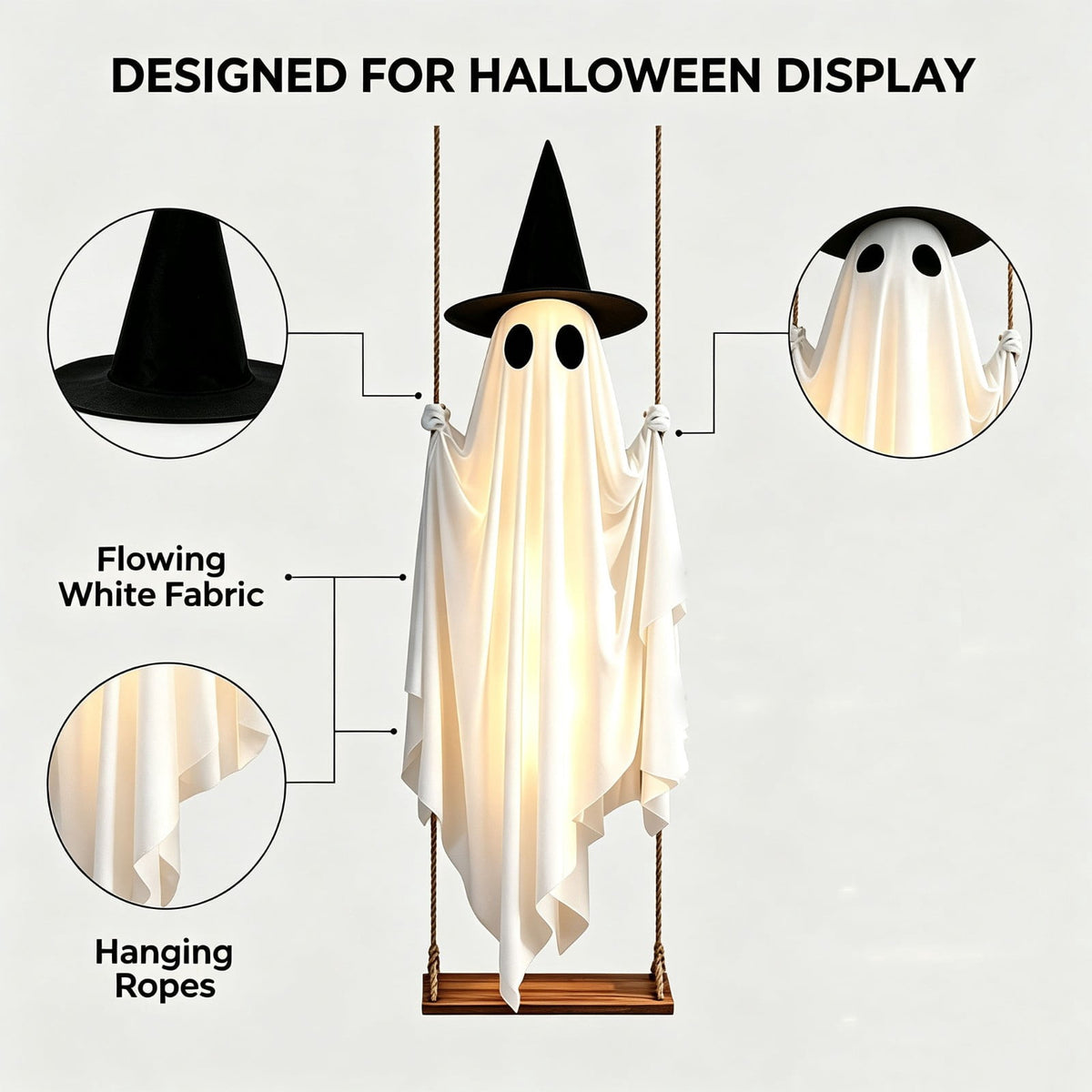 Clearance! Lighted Swing Ghost with Wooden Board, 45" Halloween Decorations Outdoor, Spooky Cute Ghosts Decorations for Front Porch Yard Tree