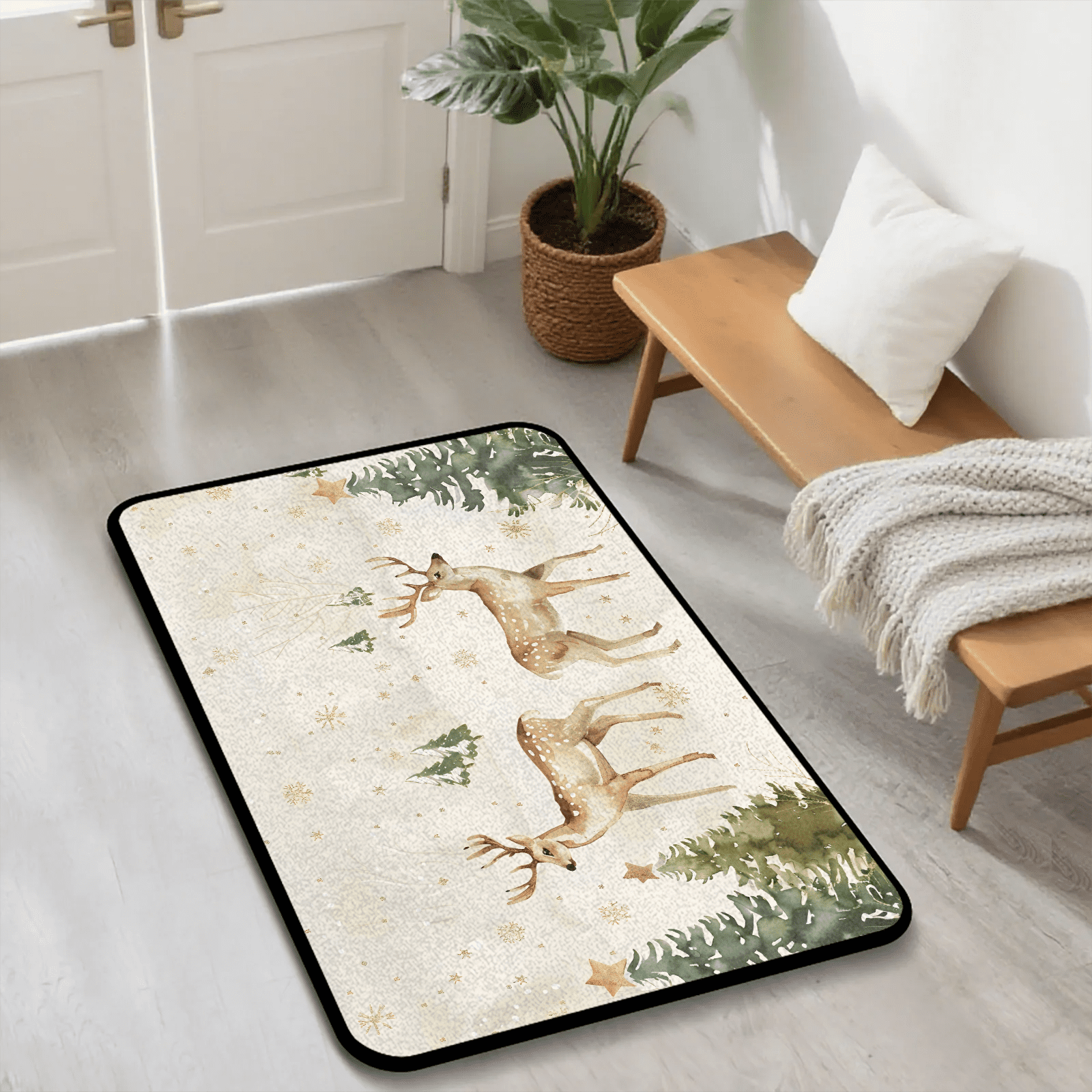 CURLYOOT Xmas Deer Animals Indoor Doormat, Non-Slip Absorbent Door Mat 24" x 16", Entrance Floor Mat Washable Entry Doormats for Entryway Front Back Door
