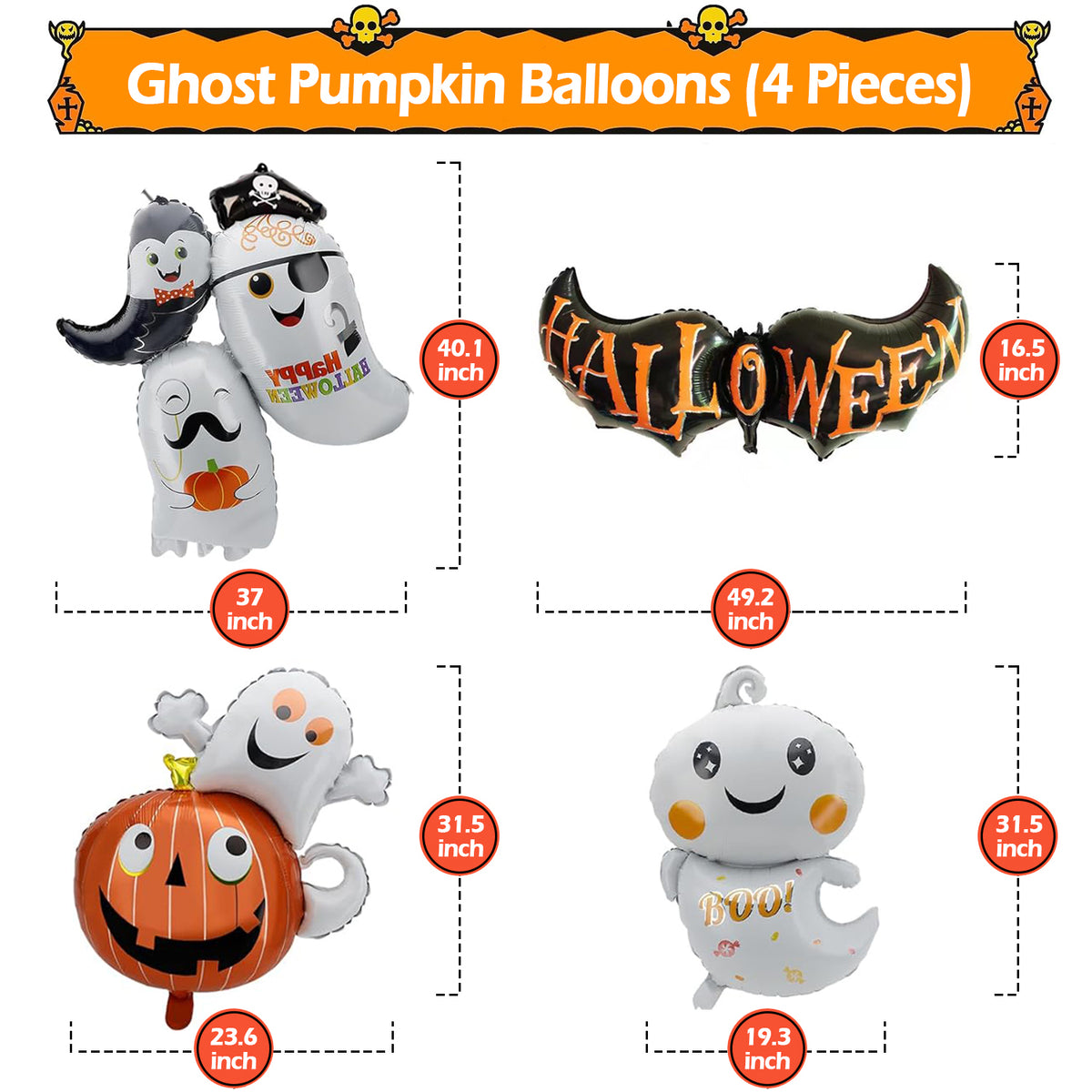 Pack of 2 Halloween Balloons, IC ICLOVER 61.8” Jumbo Skull Foil Balloons Skeleton Themed Party Decoration