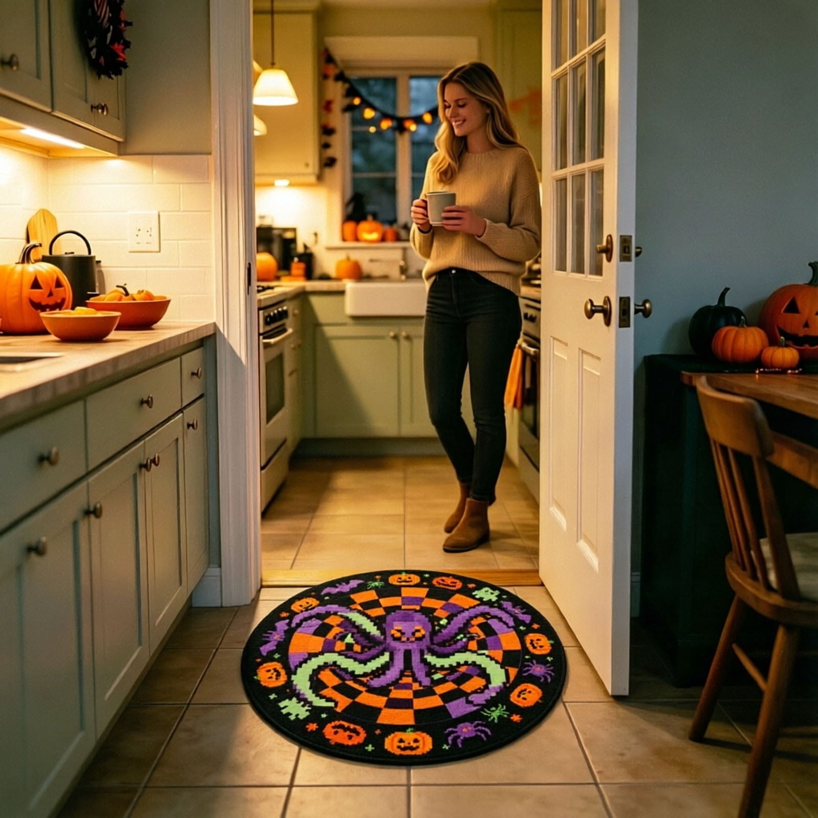 Candy Corn Octopus Abyss Quilted Round Mat, 3D Halloween Optical Illusion Rug, Optical Illusion with Depth Pattern, Non- Soft Fabric (15.7in)