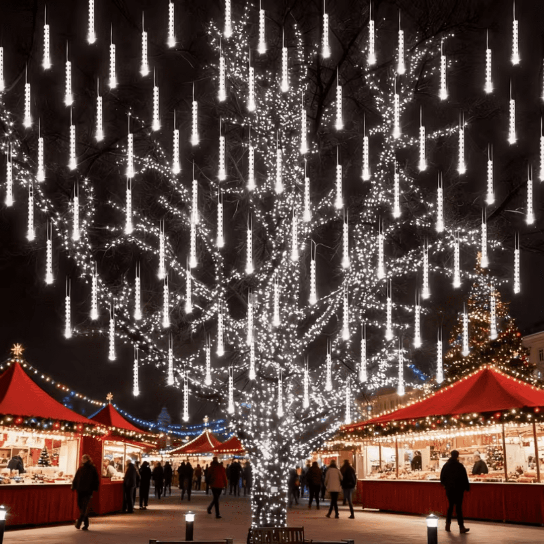 Multicolor Meteor Shower Lamp, Outdoor Solar Powered Icicle Lamp, Snowflake Falling Rain String Lamp, Christmas Tree Lamp, 10 Tubes, 11.8 Inches, 300 Led, Suitable For Halloween, Holiday Parties