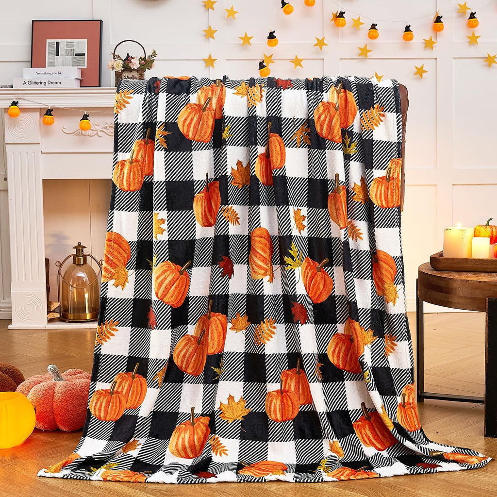 FastXmas Halloween Throw Blanket, 30"x40" Flannel Fleece Pumpkins Maple Checkered Plush Blanket, Soft Lightweight Skin-Friendly Fall Harvest Decorative Throw Blanket for Couch Sofa Bed Outdoor
