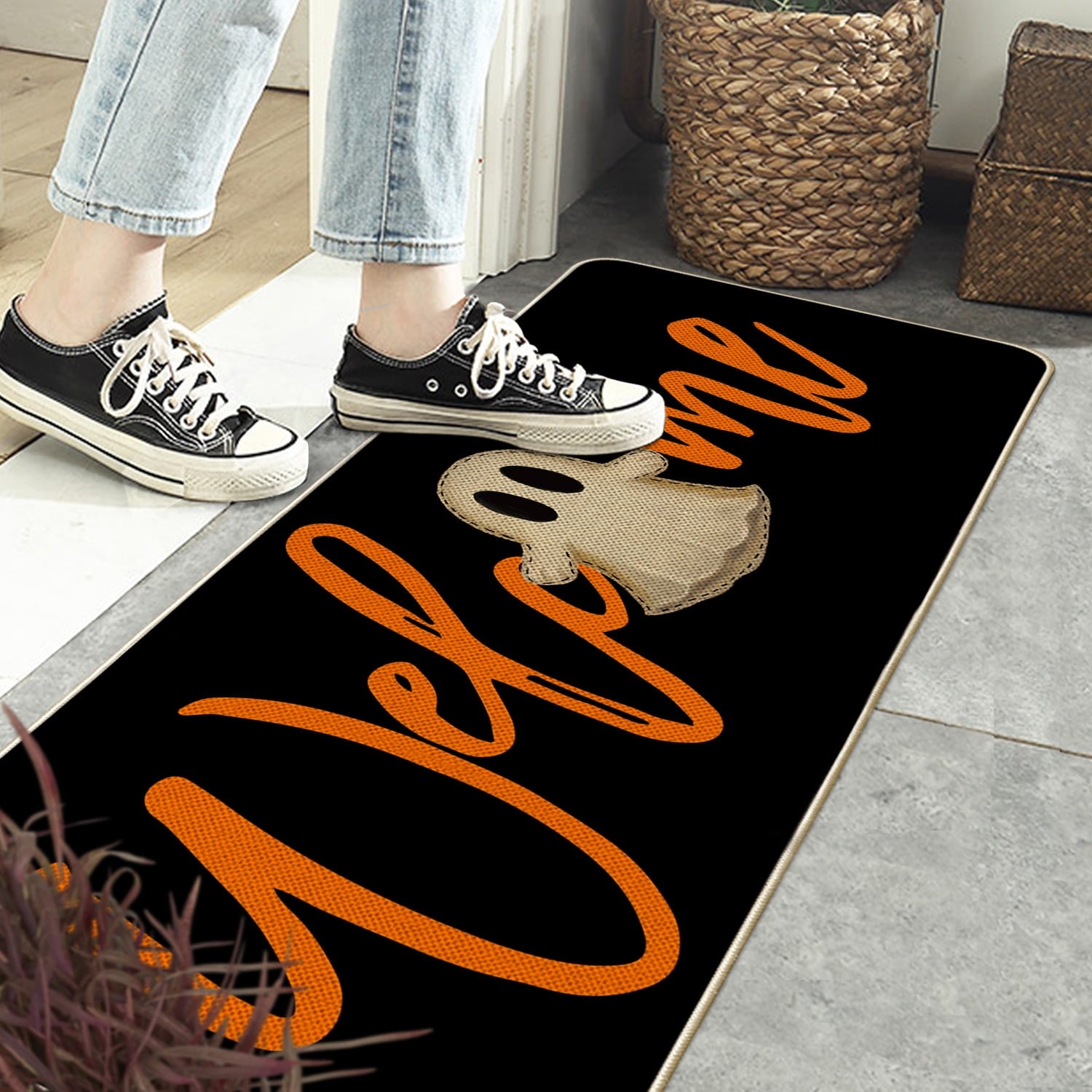 Sm:)e Polka Dot Black Cat, Jack-O'-Lantern, Ghost Halloween Welcome Doormat, 17x29 Inch