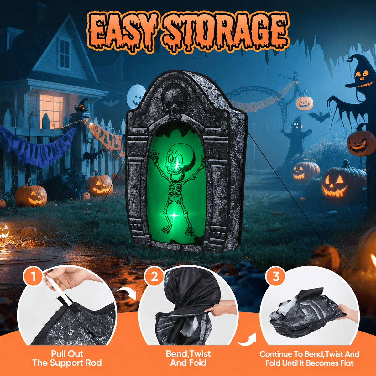 Wondiair 41" Halloween Skull Tombstone with Glowing LED Eyes, Foldable Outdoor Graveyard Decoration for Yard, Lawn, Cemetery & Haunted House