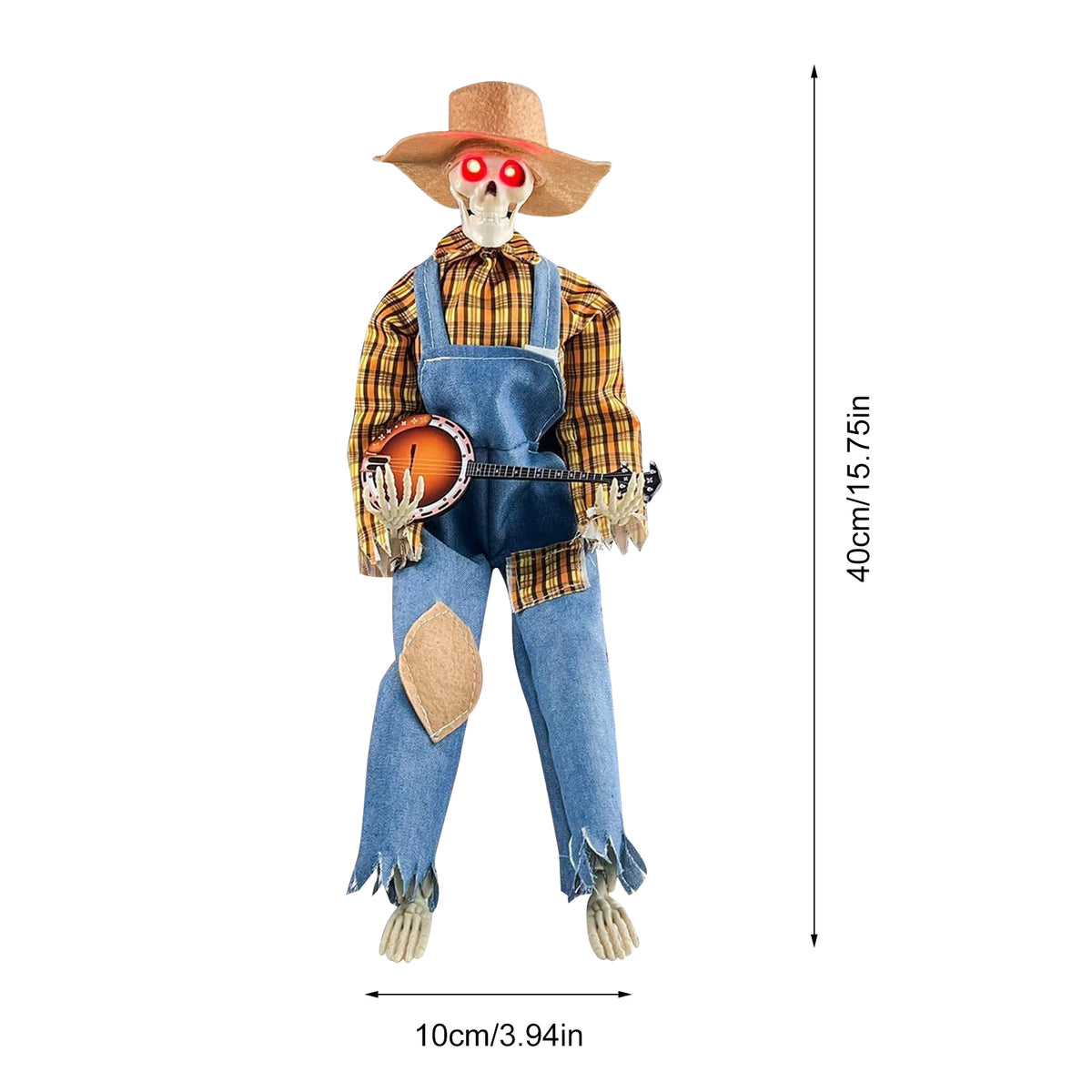 15" Animated Banjo Cowboy Skeletons with Clothes and Hat for Party Shelf Halloween Decorations(Red)