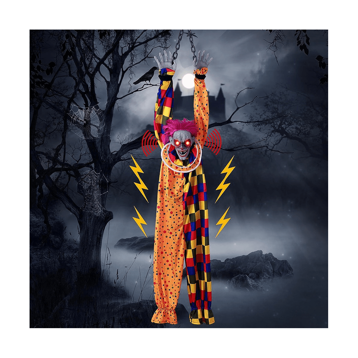5.6 Ft Halloween Hanging Animated Talking & Shaking Scary Clown with Chain, Touch Activated for Decor
