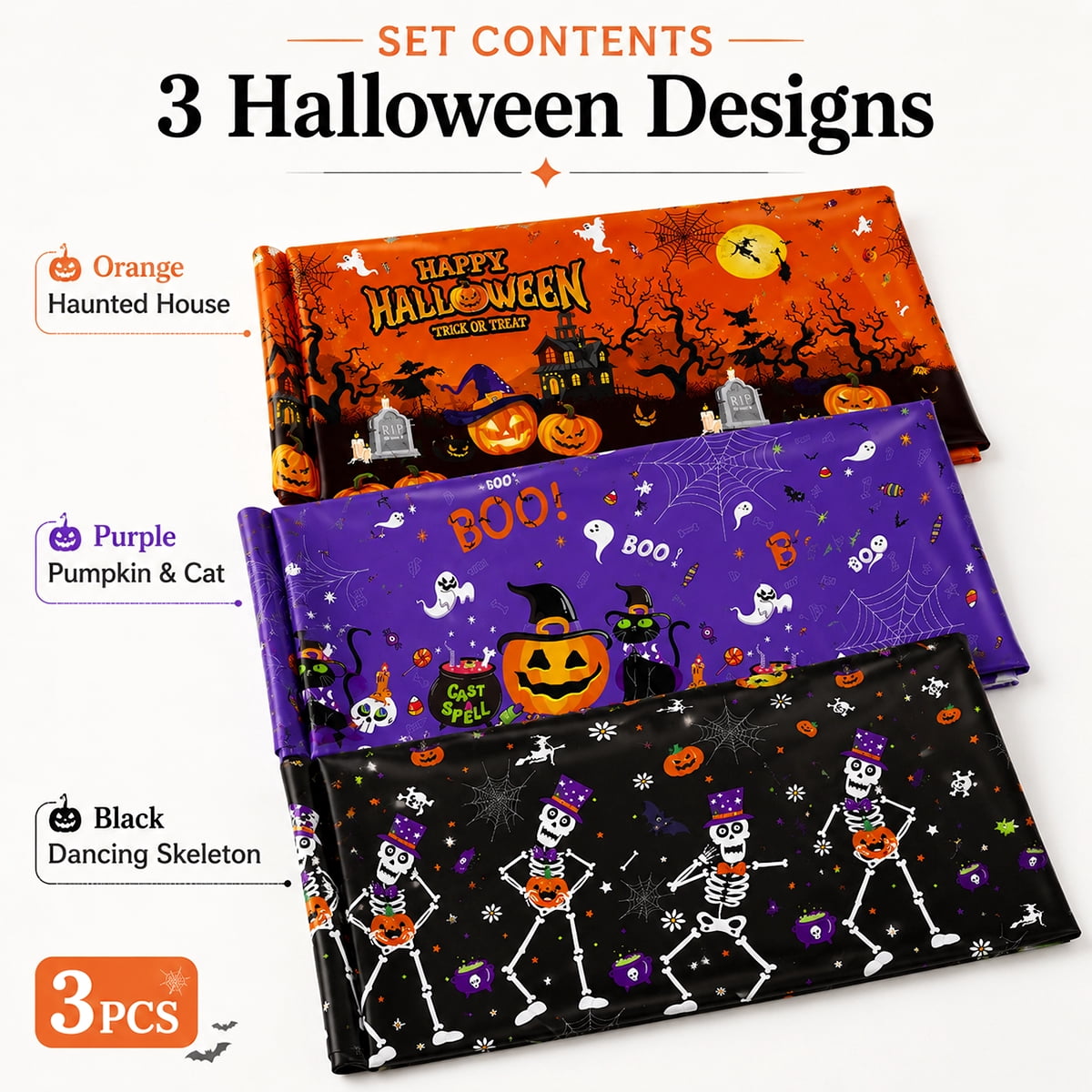 Halloween Tablecloth Decorations Halloween Party Supplies Plastic Disposable Rectangle Tablecovers Skeletons Ghosts Pumpkin Table Décor 3Pcs Design 2