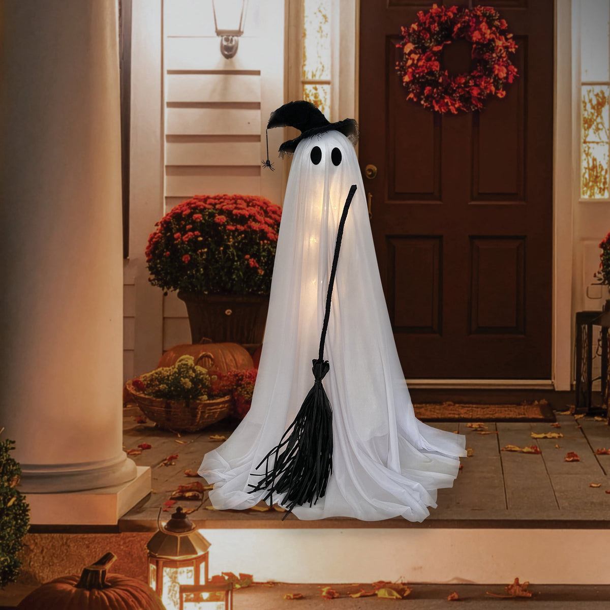 Light-Up Standing Fabric Ghost with Broom Decoration, Black and White, 36", Halloween by Way To Celebrate