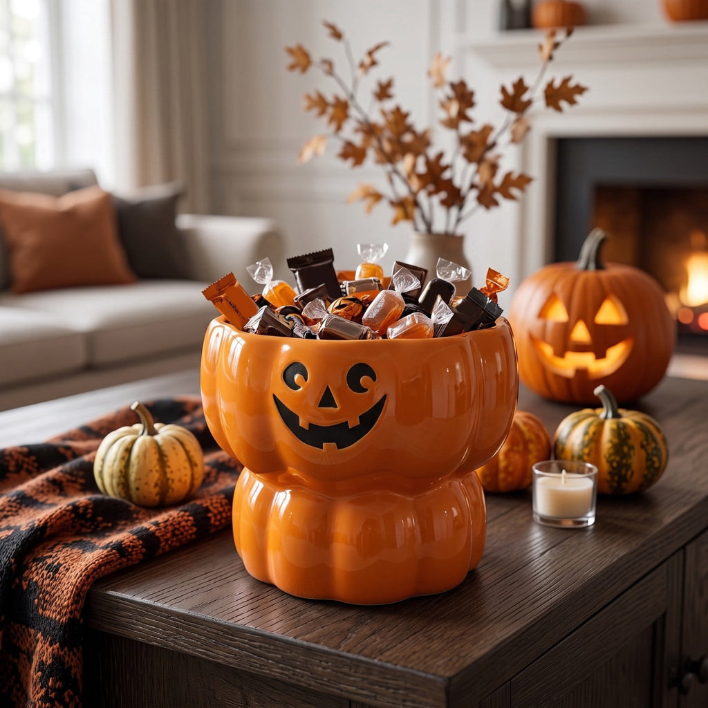 Diceymbol Halloween Pumpkin Snack Bowl Stand Collapsible Broomstick Candy Tray for Cupcakes & Desserts, Resin Serving Platter with Ceramic Pumpkin Bowls