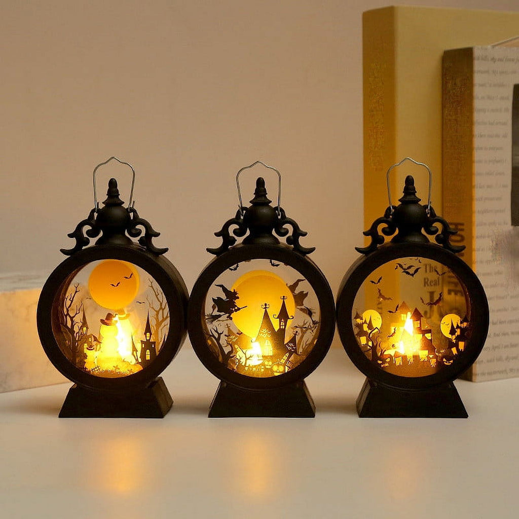 HHBEAUTY Halloween Hanging Lantern, Halloween Lights Lantern Set with Flameless Candle Vintage Pumpkin Witch’s Castle Lanternst for Halloween Party Spooky Scary Scene Decor