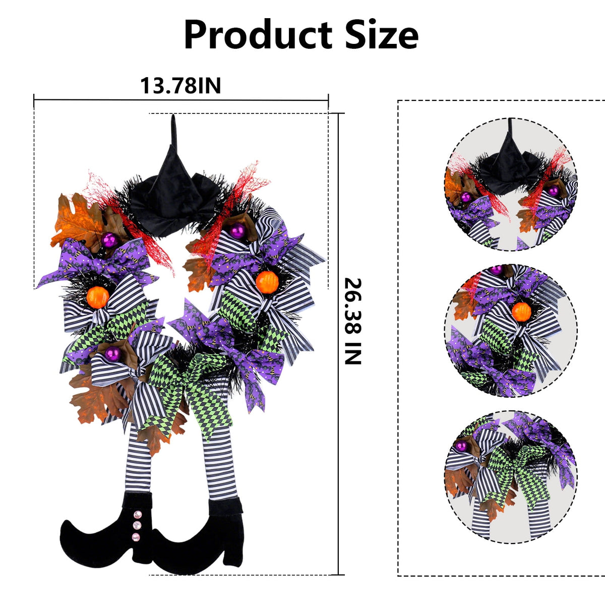AGCAN 27 Inch Halloween Wreaths for Front Door, Unlit Halloween Wreaths with Witch Hat & Legs, Halloween Decorations for Home, Porch, Window, Indoor, Wall Decor