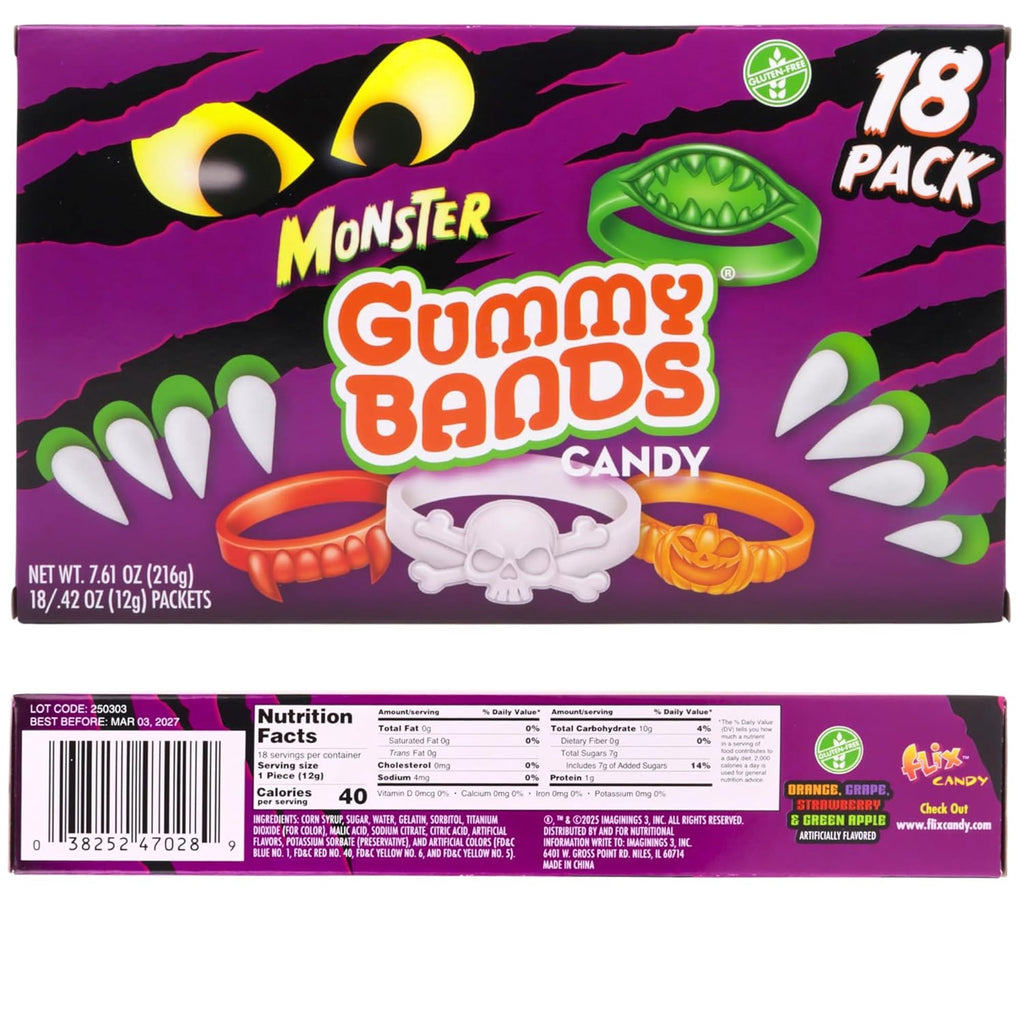 Monster Gummy Bracelets, Trick or Treat Candy, 18 Count, 7.61 Ounce Box